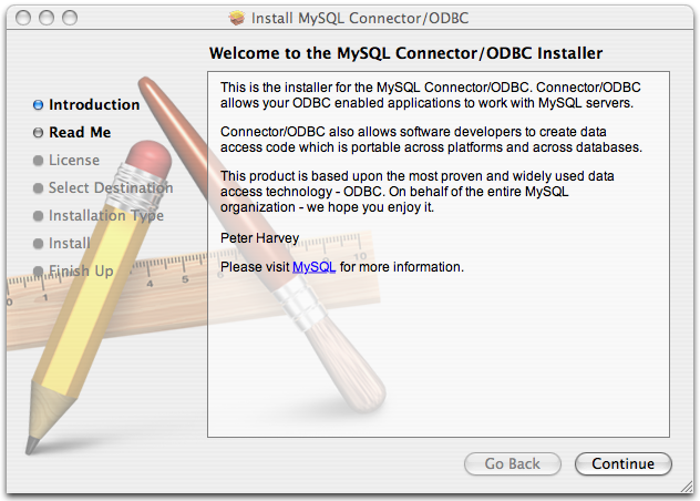 Connector/ODBC Mac OS X Installer -
              Installer welcome